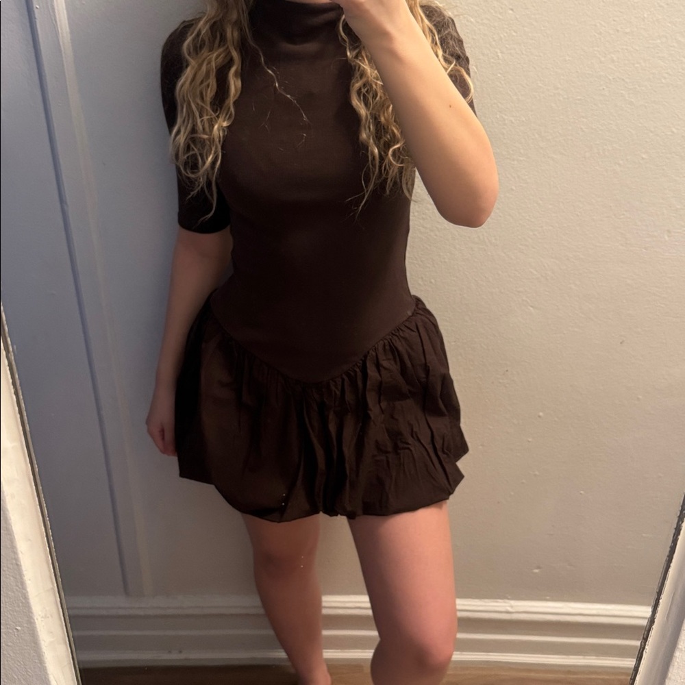 Zara Brown Mini Knit Peplum Dress